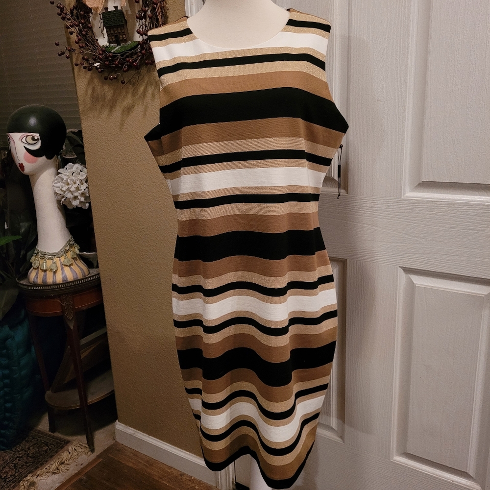 New no Tags Calvin Klein Dress Sheath Strips Striped Gold Brown Black Size 14